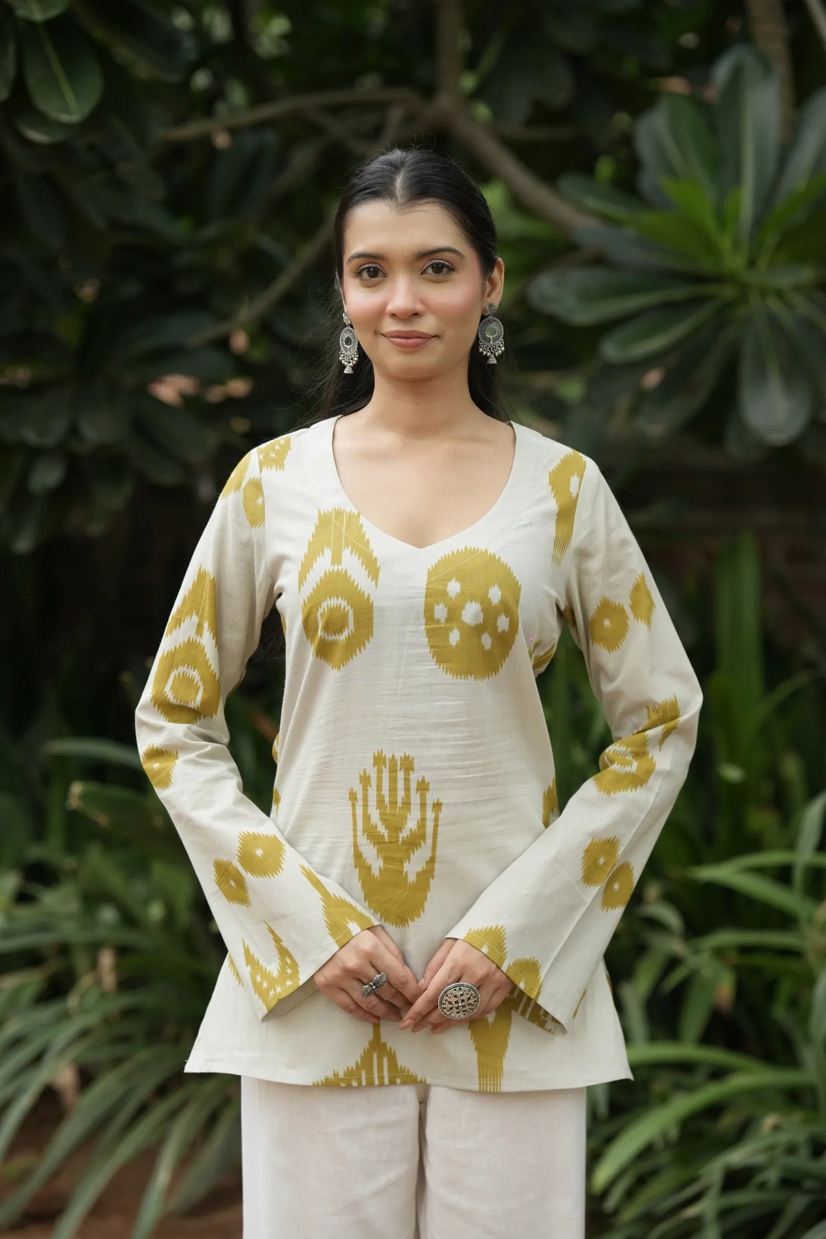 Cream Mustard Abstract Print Kurti