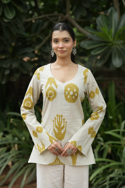 Cream Mustard Abstract Print Kurti