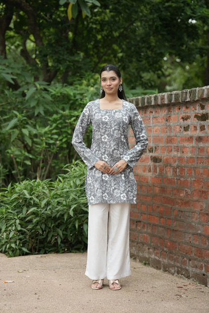 Grey White Floral Print Kurti
