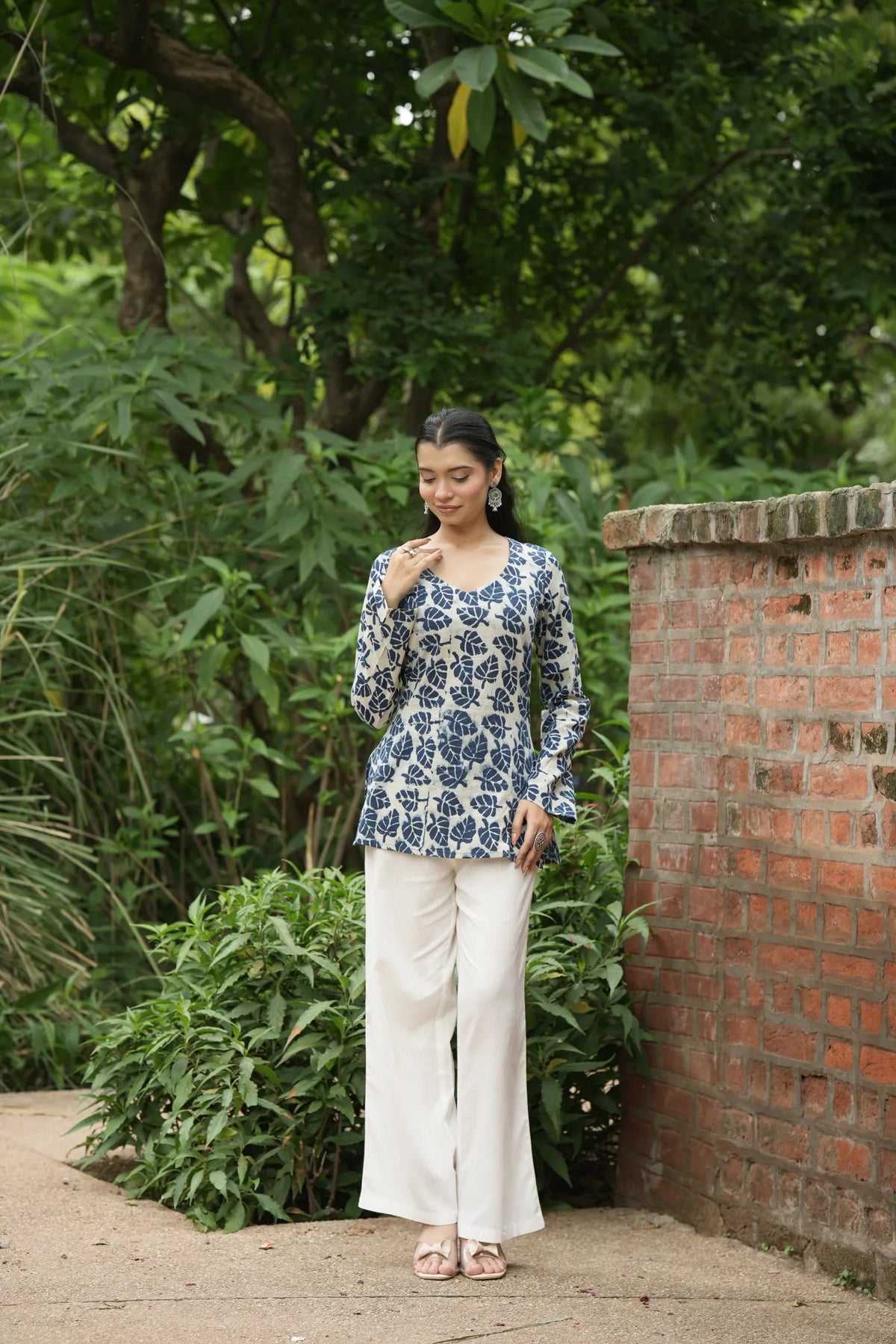 Ivory Navy Leaf Print Kurti