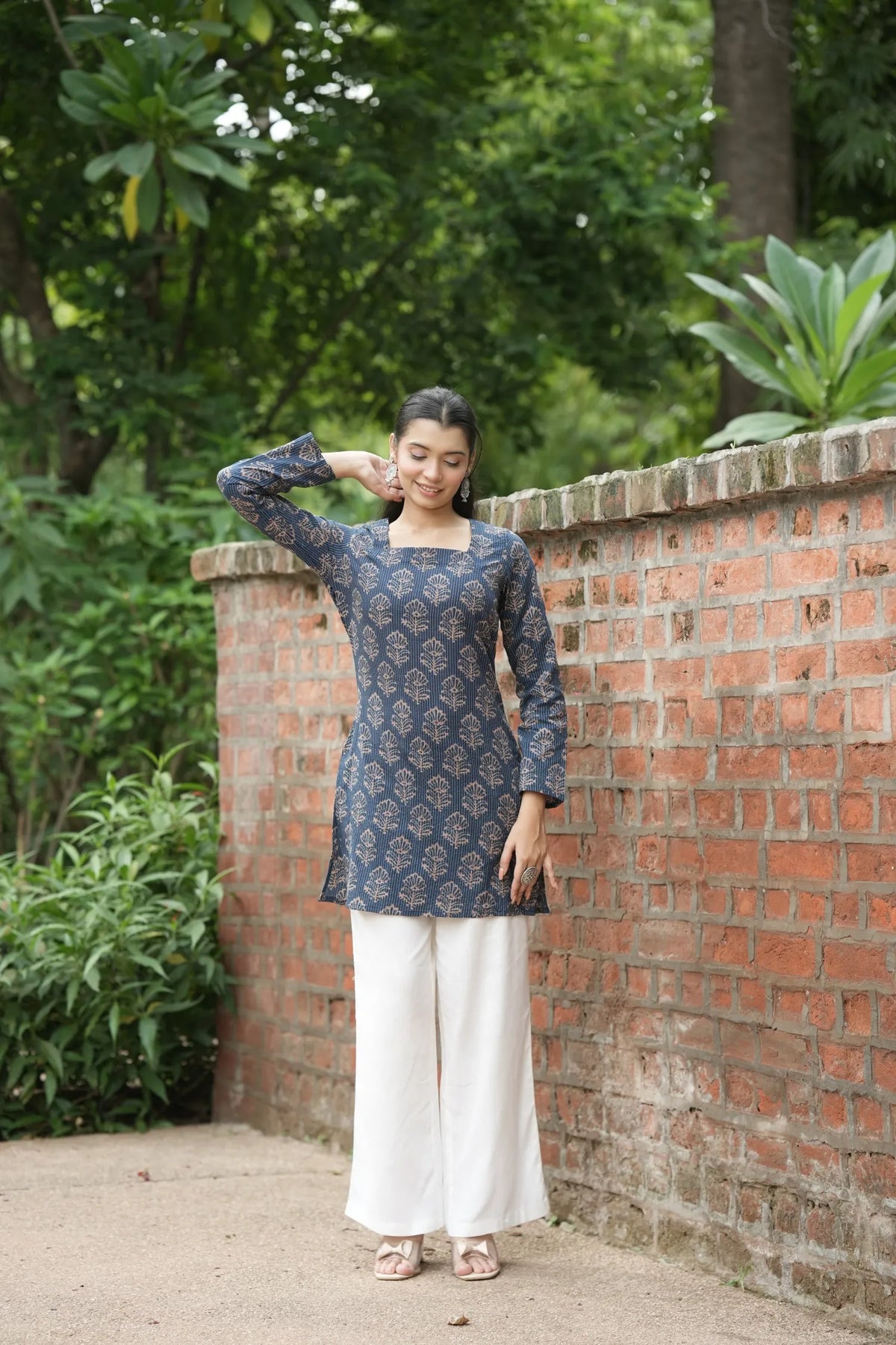 Navy Blue Buta Print Full Sleeve Kurti