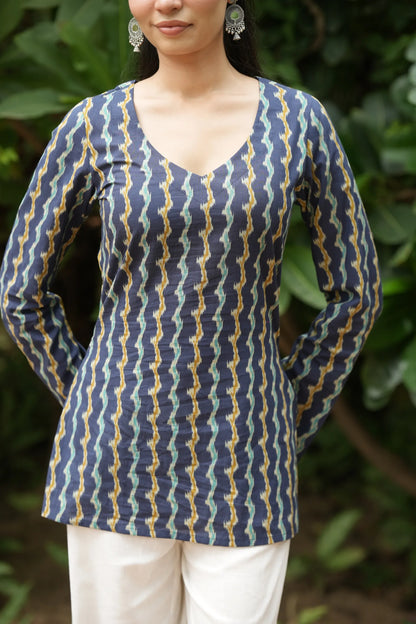 Navy Blue Wave Ikat Print Kurti