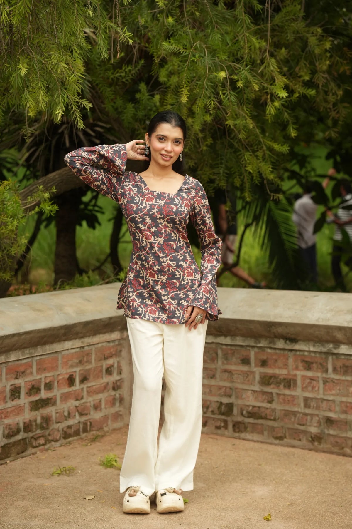 Navy Maroon Kalamkari Print Bell Sleeve Kurti