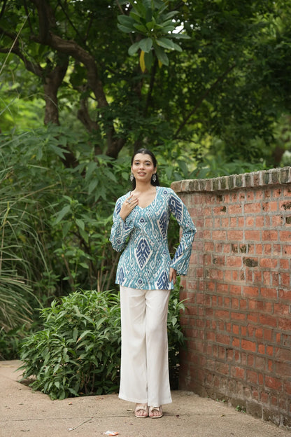 Sky Blue Navy Ikat Print Kurti