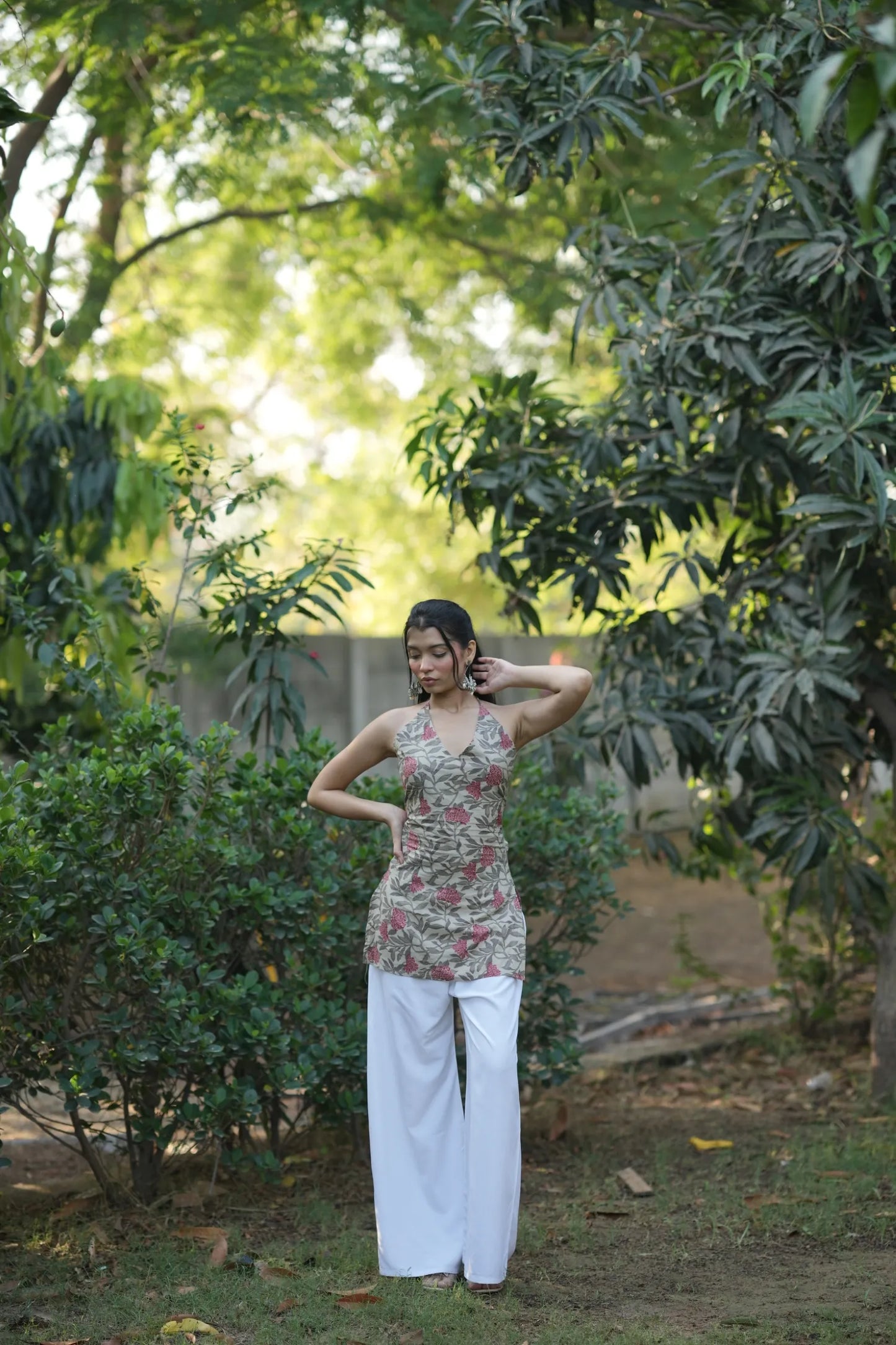 Pink & Beige Floral Halter Neck Corset Kurti
