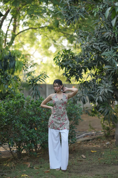 Pink & Beige Floral Halter Neck Corset Kurti