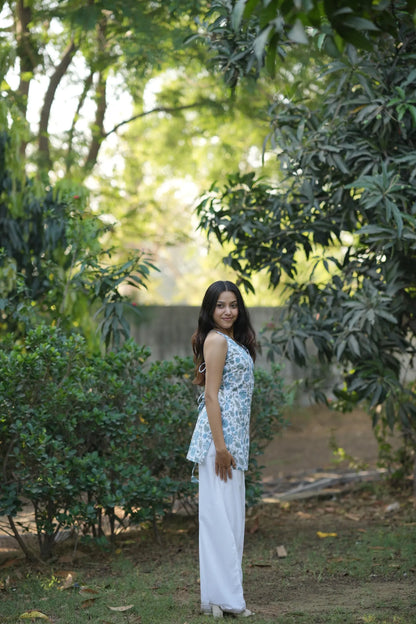 Blue & white floral halter neck corset kurti