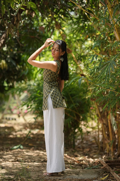 Olive Green Buta Sleeveless Corset Kurti