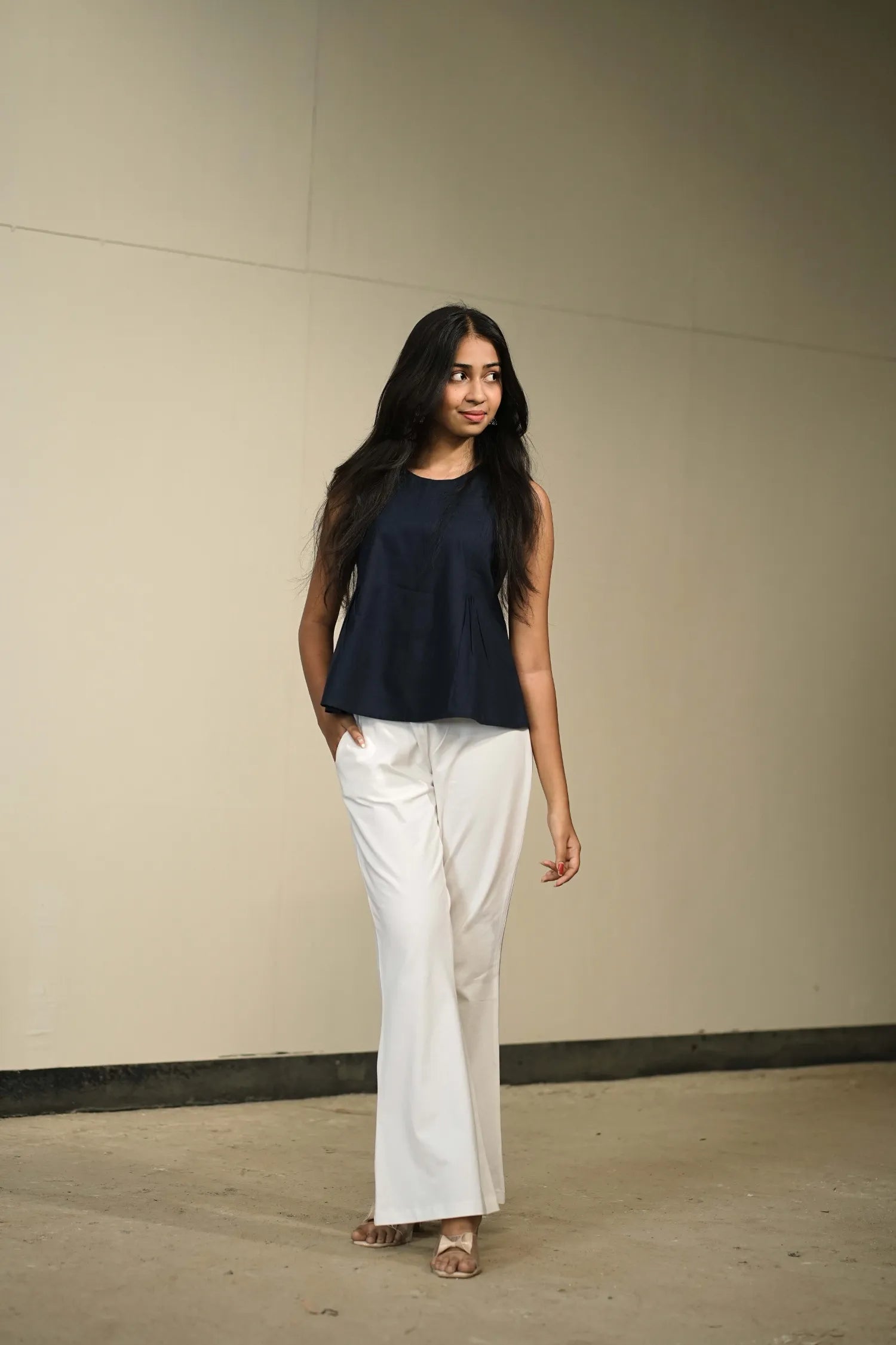 Navy Blue Handloom Cotton Sleeveless Top