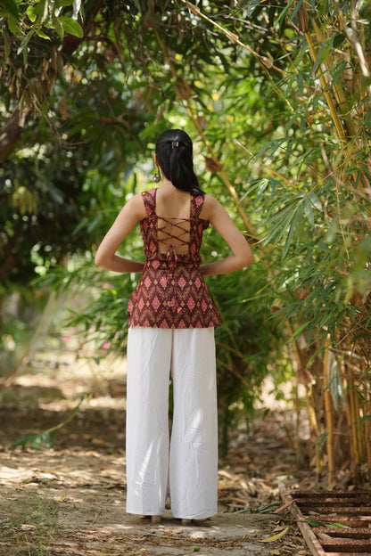 Rust Red Ikat Sleeveless Corset Kurti