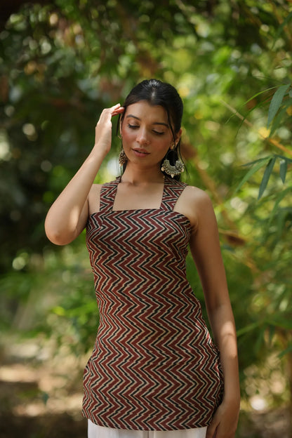 Brick Red Chevron Sleeveless Corset Kurti