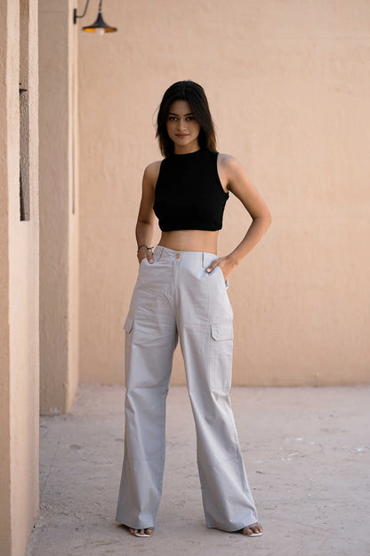 Women’s Wide-Leg Cargo Pants with Back Belt Ice Blue