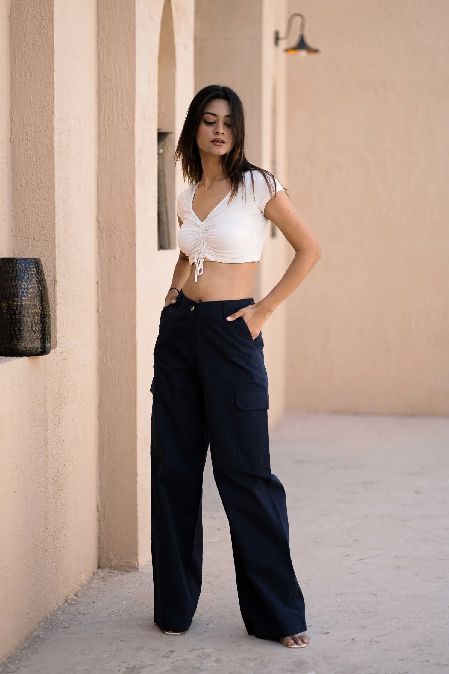 Women’s Wide-Leg Cargo Pants with Back Belt Navy