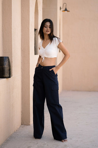 Women’s Wide-Leg Cargo Pants with Back Belt Navy