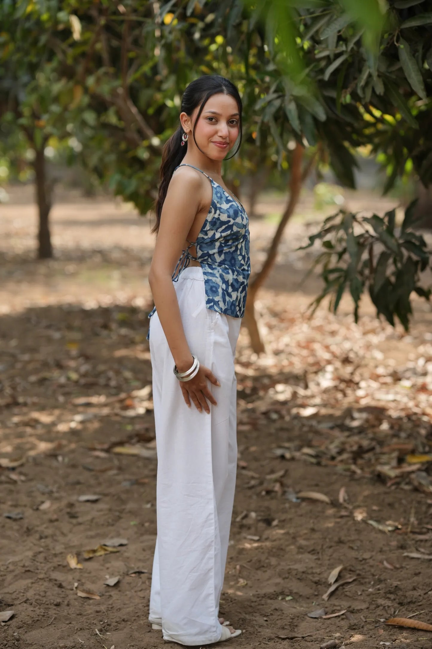 Indigo Floral Tie Back Top