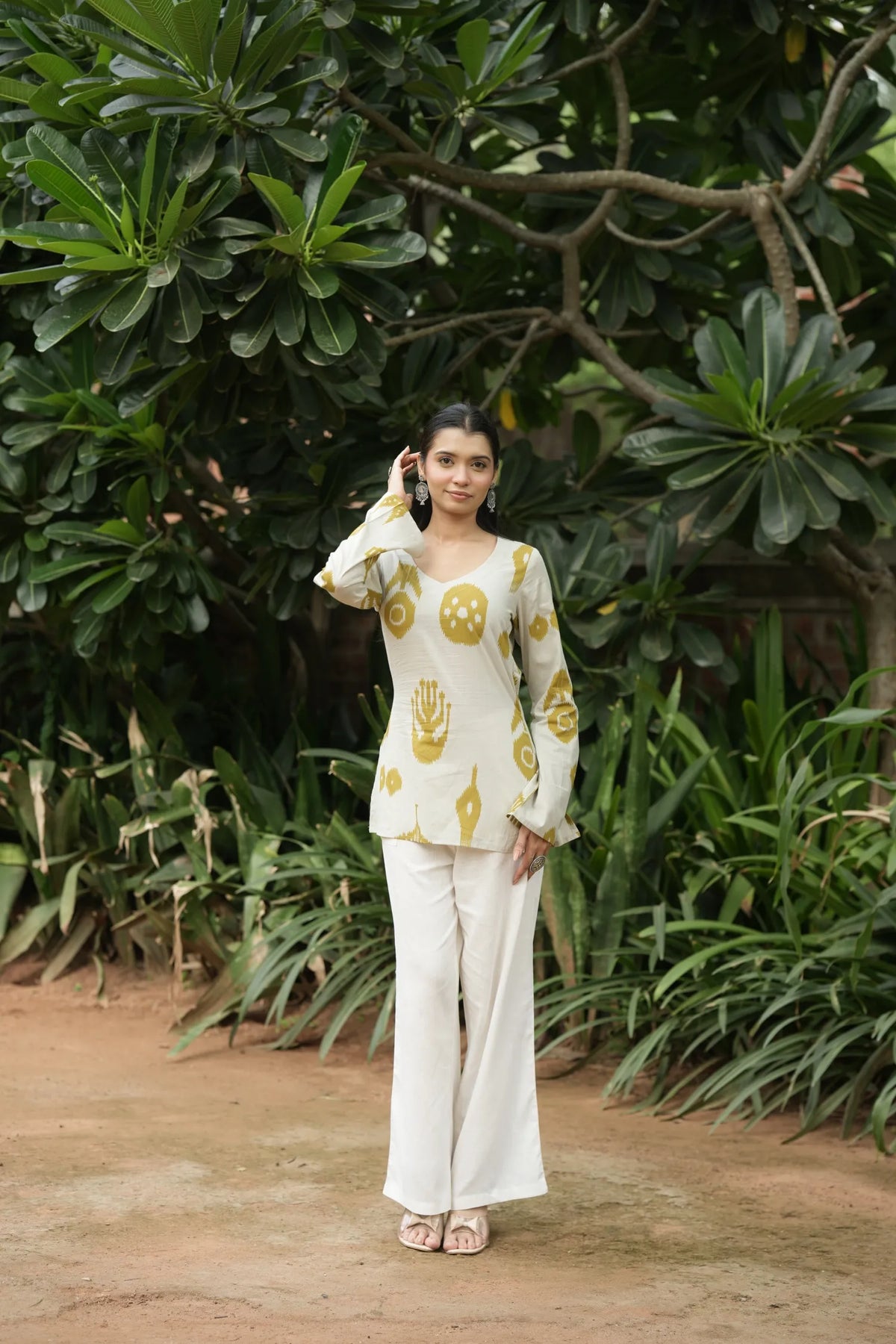 Cream Mustard Abstract Print Kurti