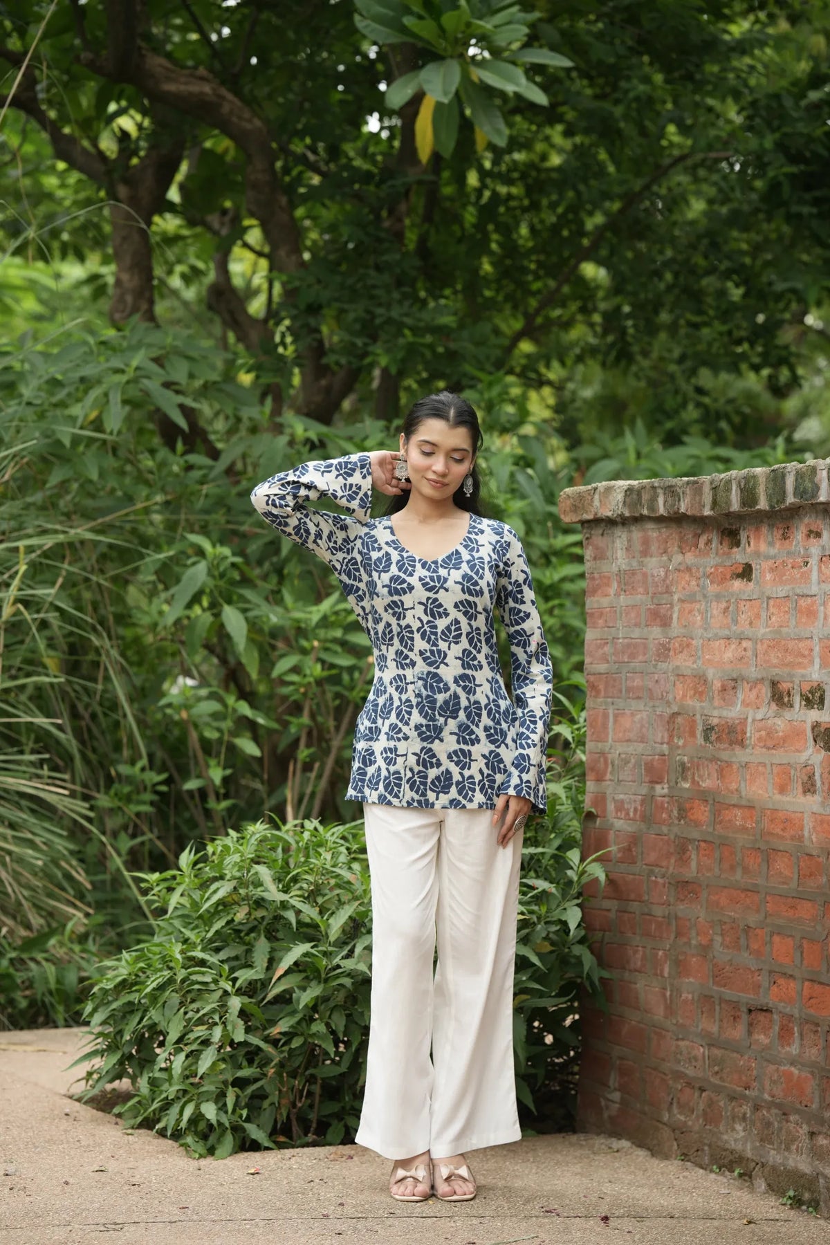 Ivory Navy Leaf Print Kurti