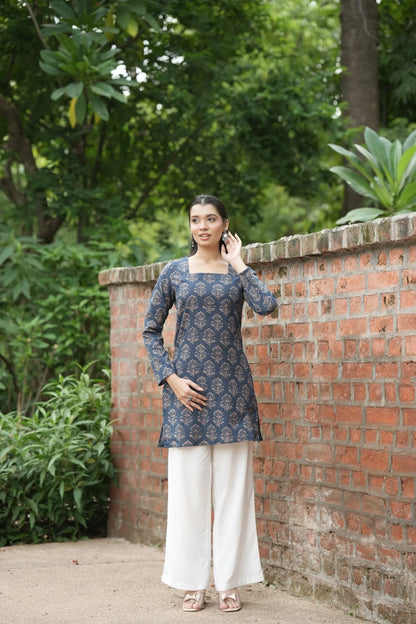 Navy Blue Buta Print Full Sleeve Kurti