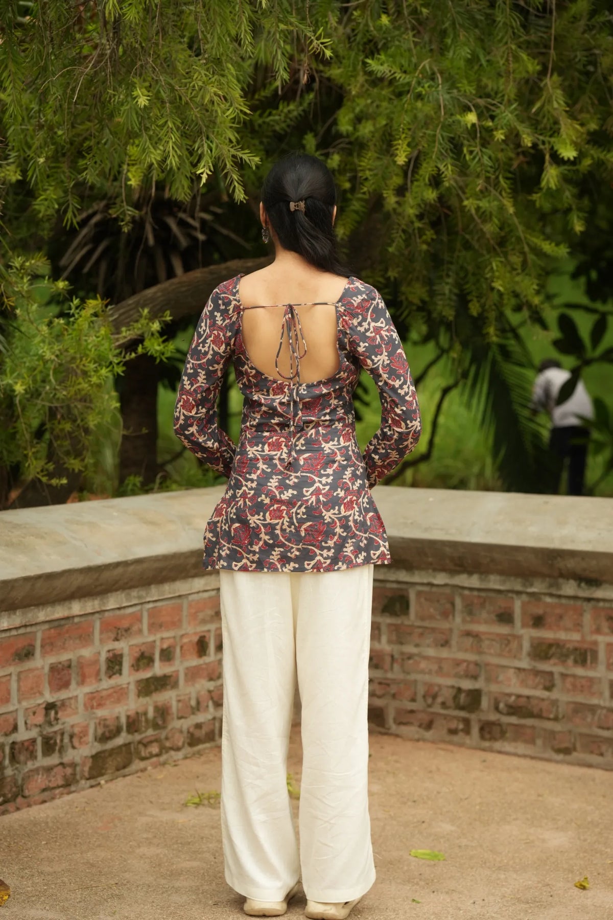 Navy Maroon Kalamkari Print Bell Sleeve Kurti