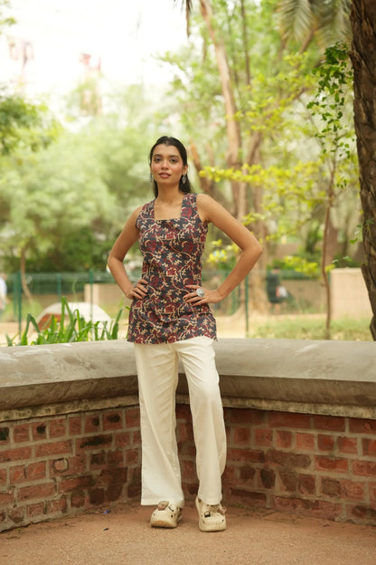 Navy Maroon Kalamkari Print Kurti