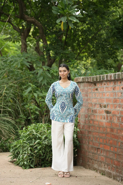 Sky Blue Navy Ikat Print Kurti