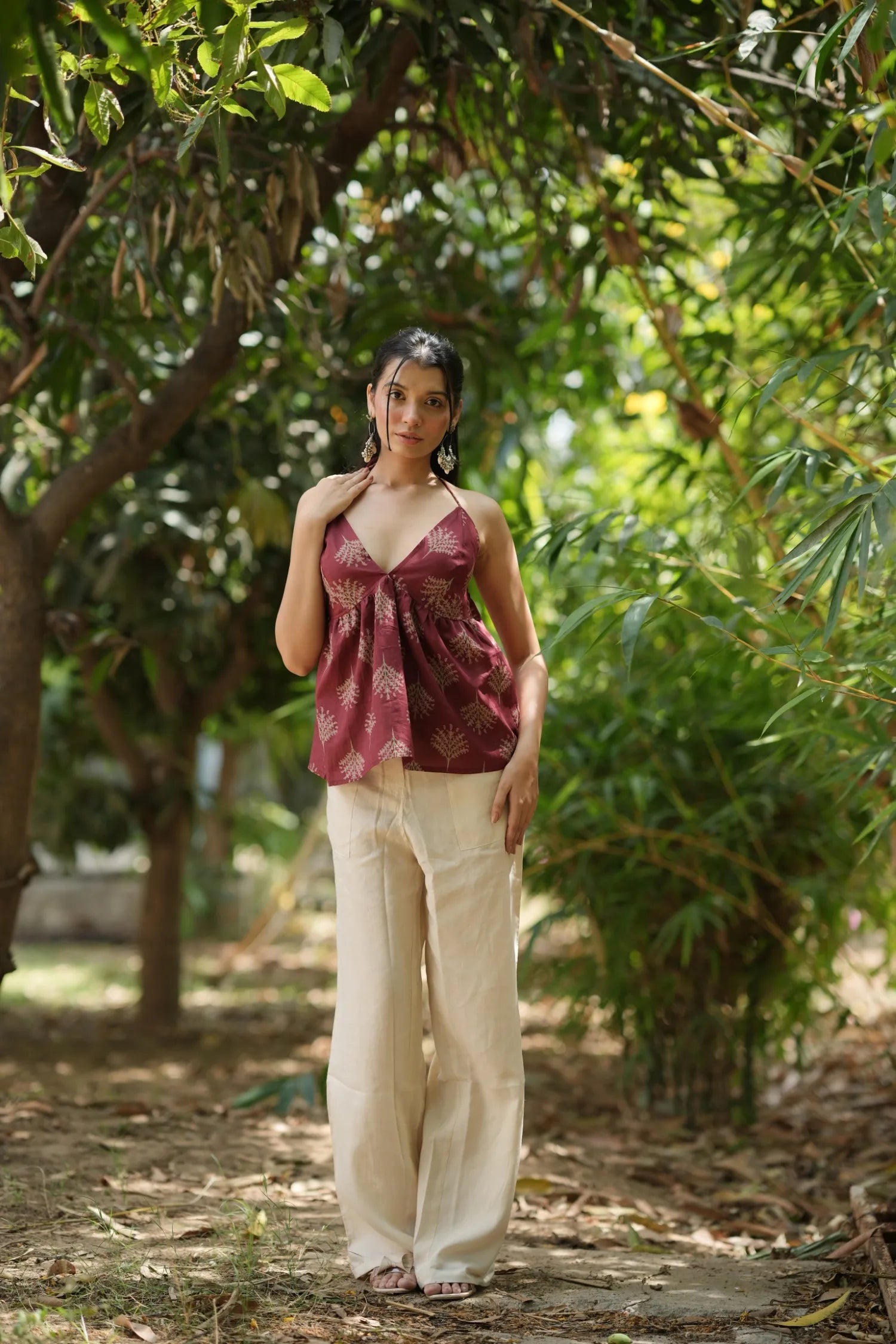 Wine Red Motif Halter Neck Top