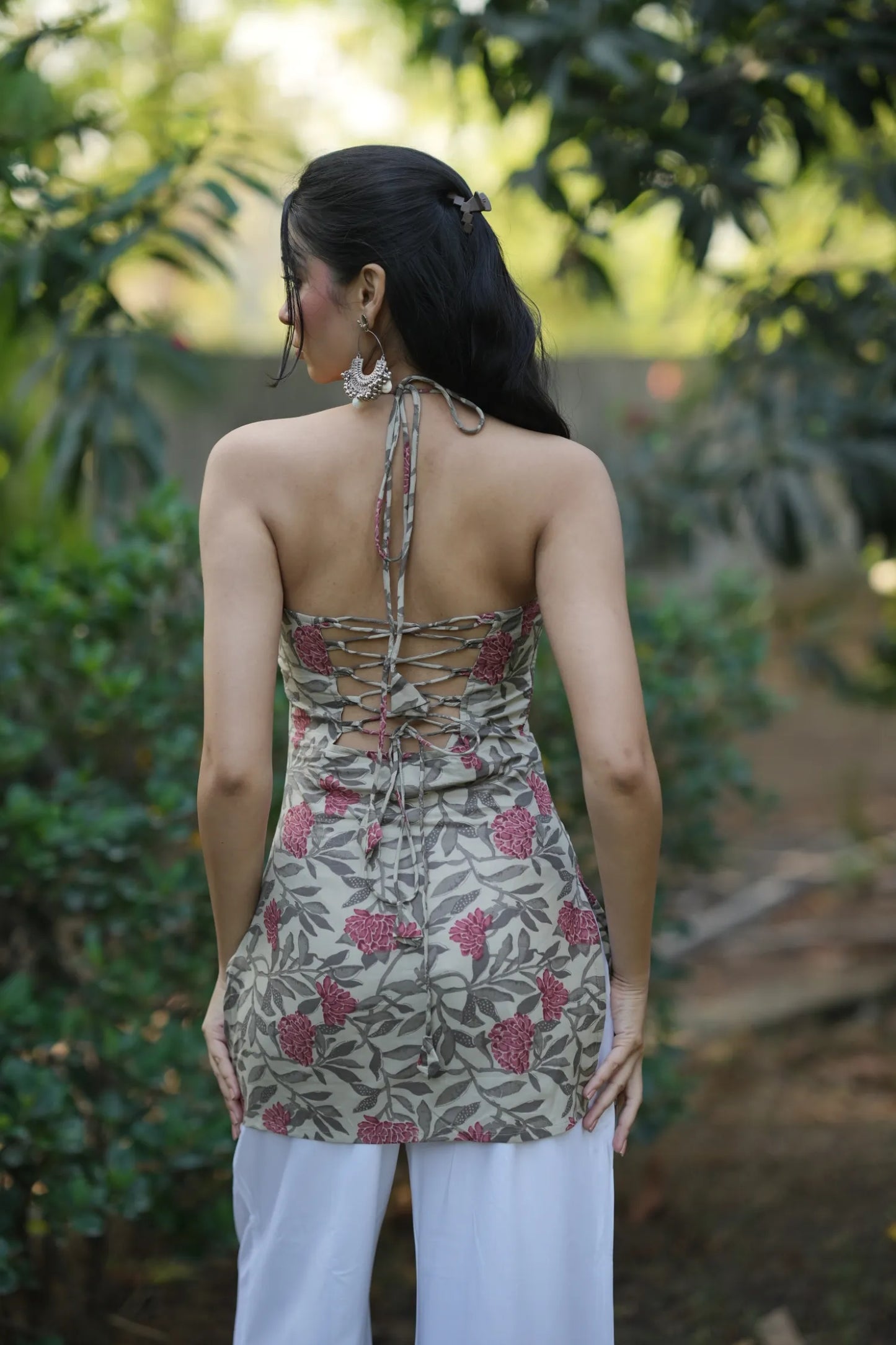 Pink & Beige Floral Halter Neck Corset Kurti