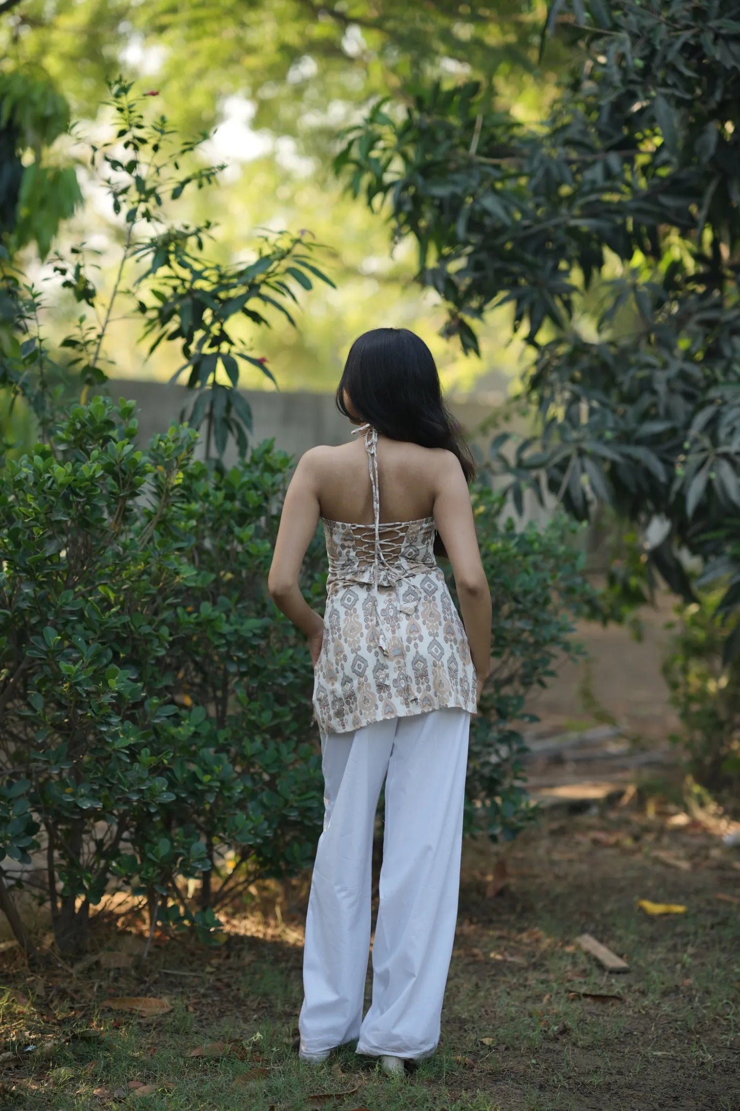 Ivory Beige Ikat Halter Neck Corset Kurti