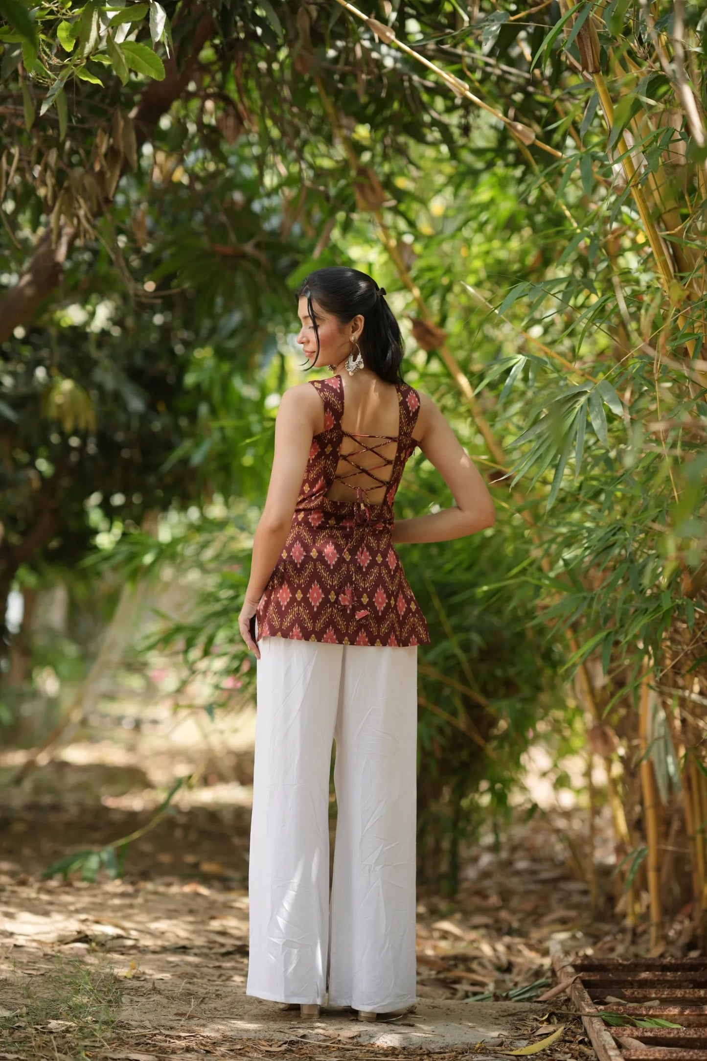 Rust Red Ikat Sleeveless Corset Kurti
