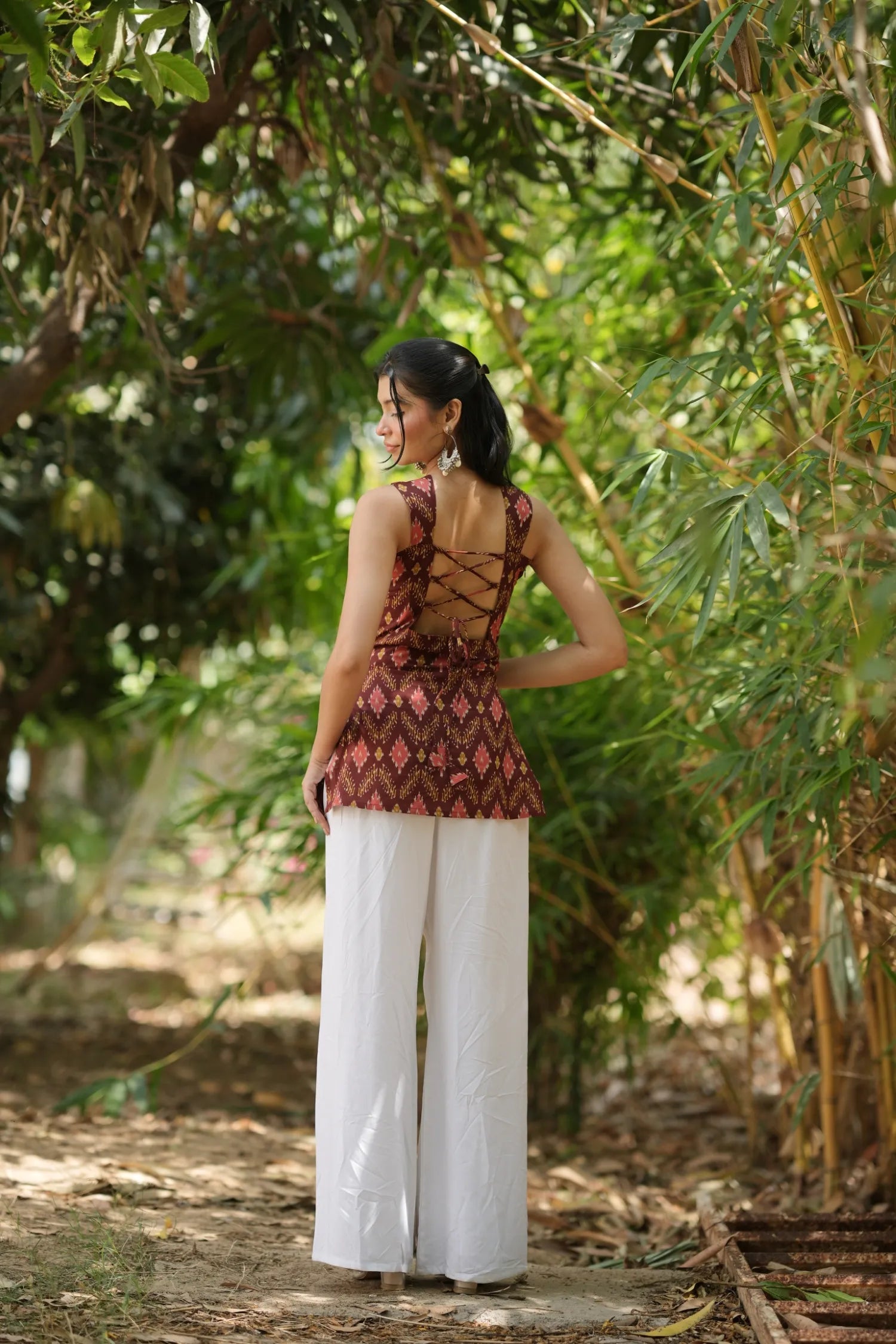 Rust Red Ikat Sleeveless Corset Kurti
