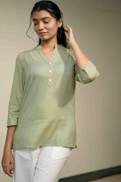 Women’s Green Cotton-Linen Short Kurta