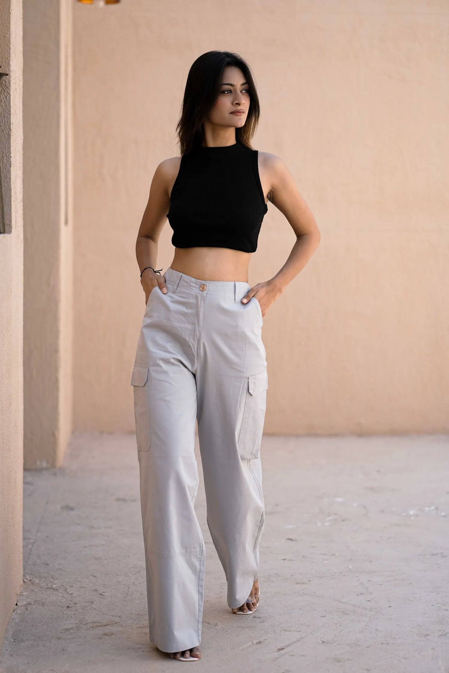 Women’s Wide-Leg Cargo Pants with Back Belt Ice Blue