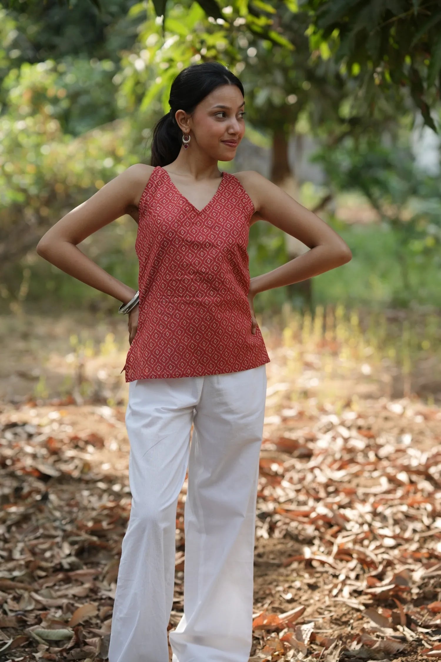 Red Motif Strap Top