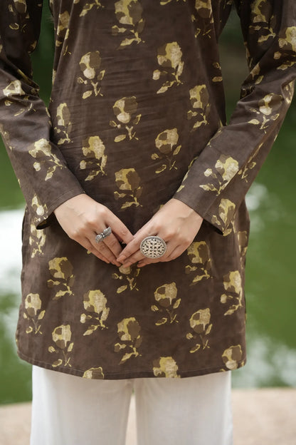 Brown Handblock Floral Print Kurti