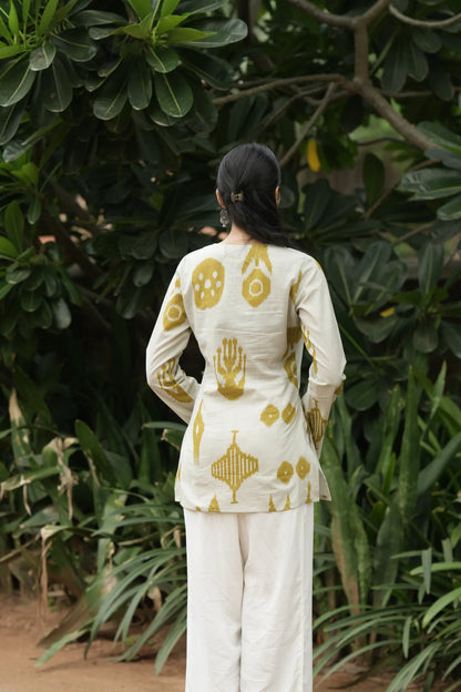 Cream Mustard Abstract Print Kurti