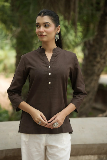 Dark Brown Linen Short Kurta