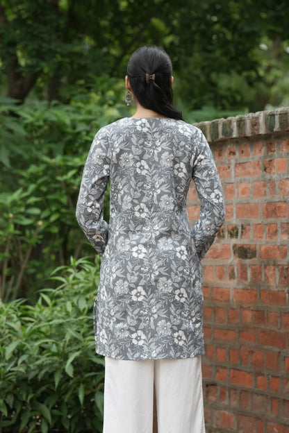 Grey White Floral Print Kurti