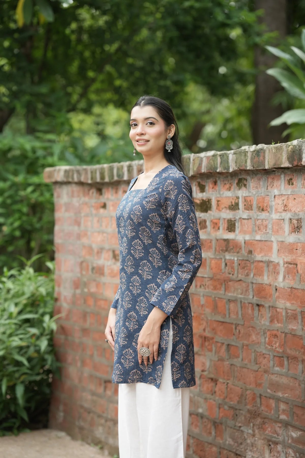 Navy Blue Buta Print Full Sleeve Kurti