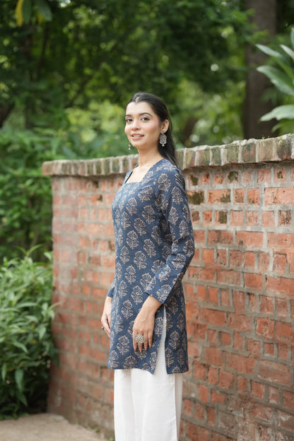 Navy Blue Buta Print Full Sleeve Kurti