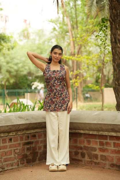 Navy Maroon Kalamkari Print Kurti