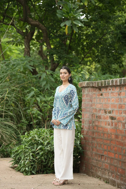 Sky Blue Navy Ikat Print Kurti