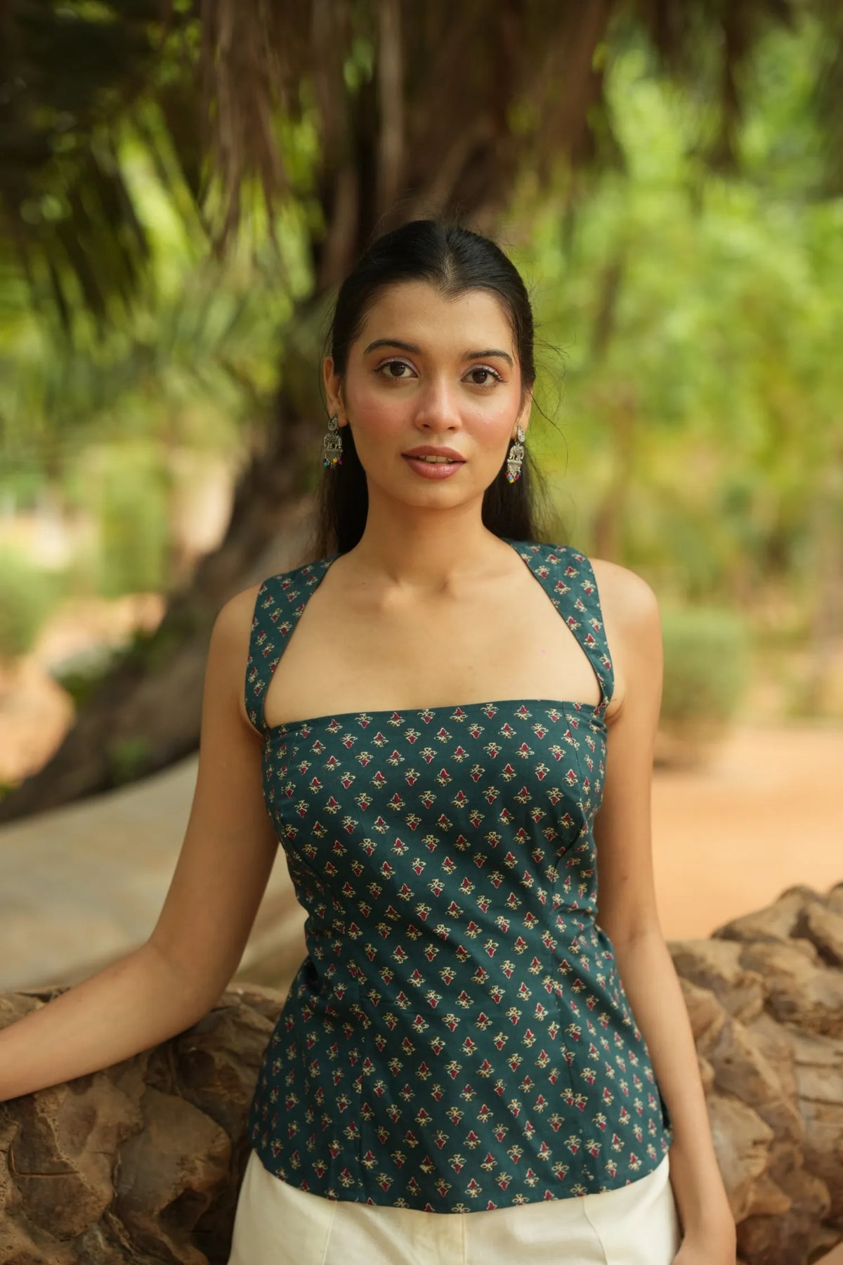 Teal Green Buta Print Corset Top