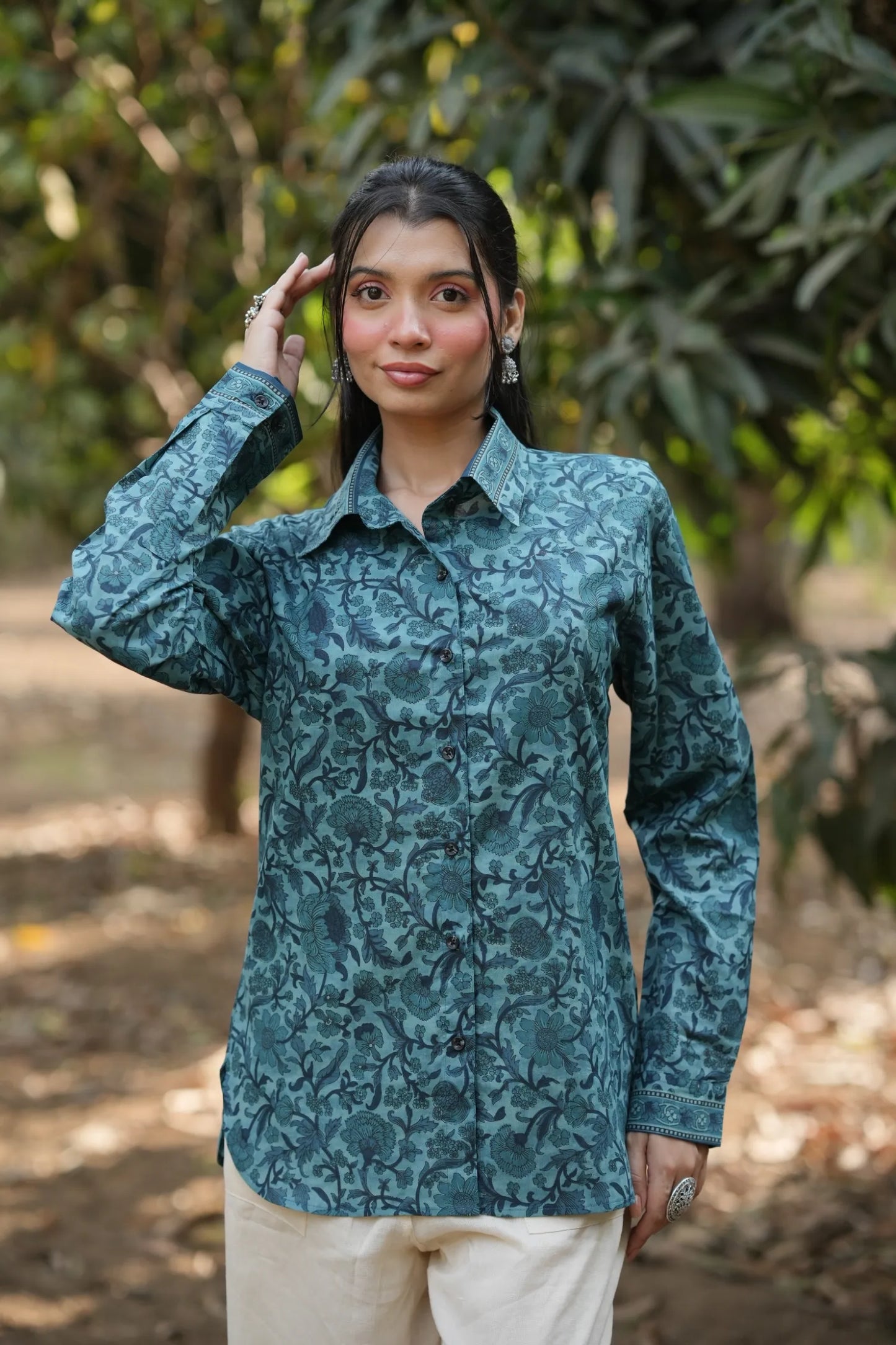 Teal Floral Cotton Shirt