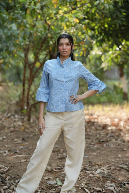Sky Blue Bandhani Cotton Shirt