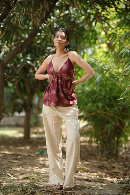 Wine Red Motif Halter Neck Top