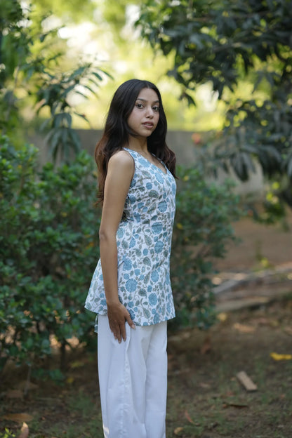 Blue & white floral halter neck corset kurti