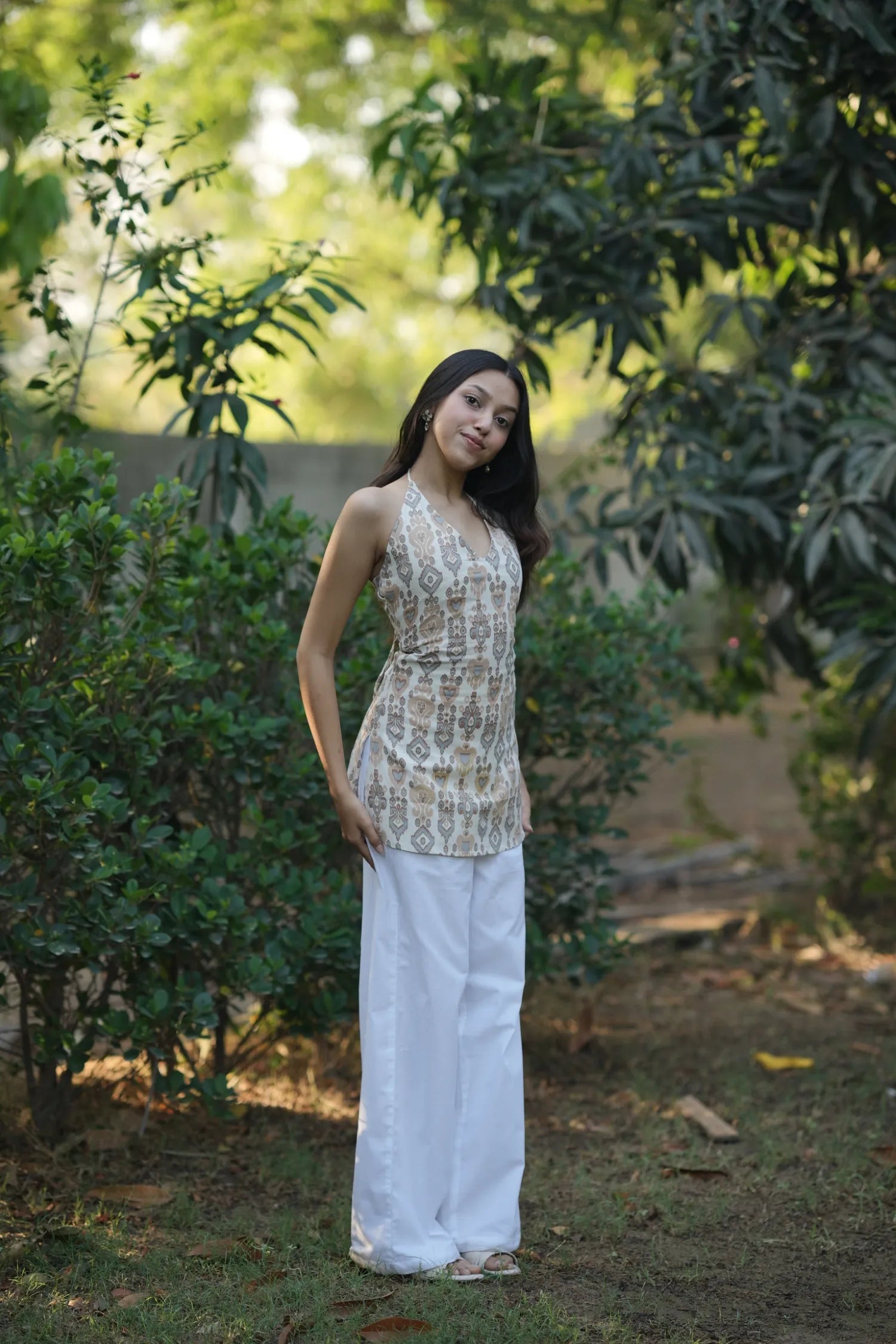 Ivory Beige Ikat Halter Neck Corset Kurti