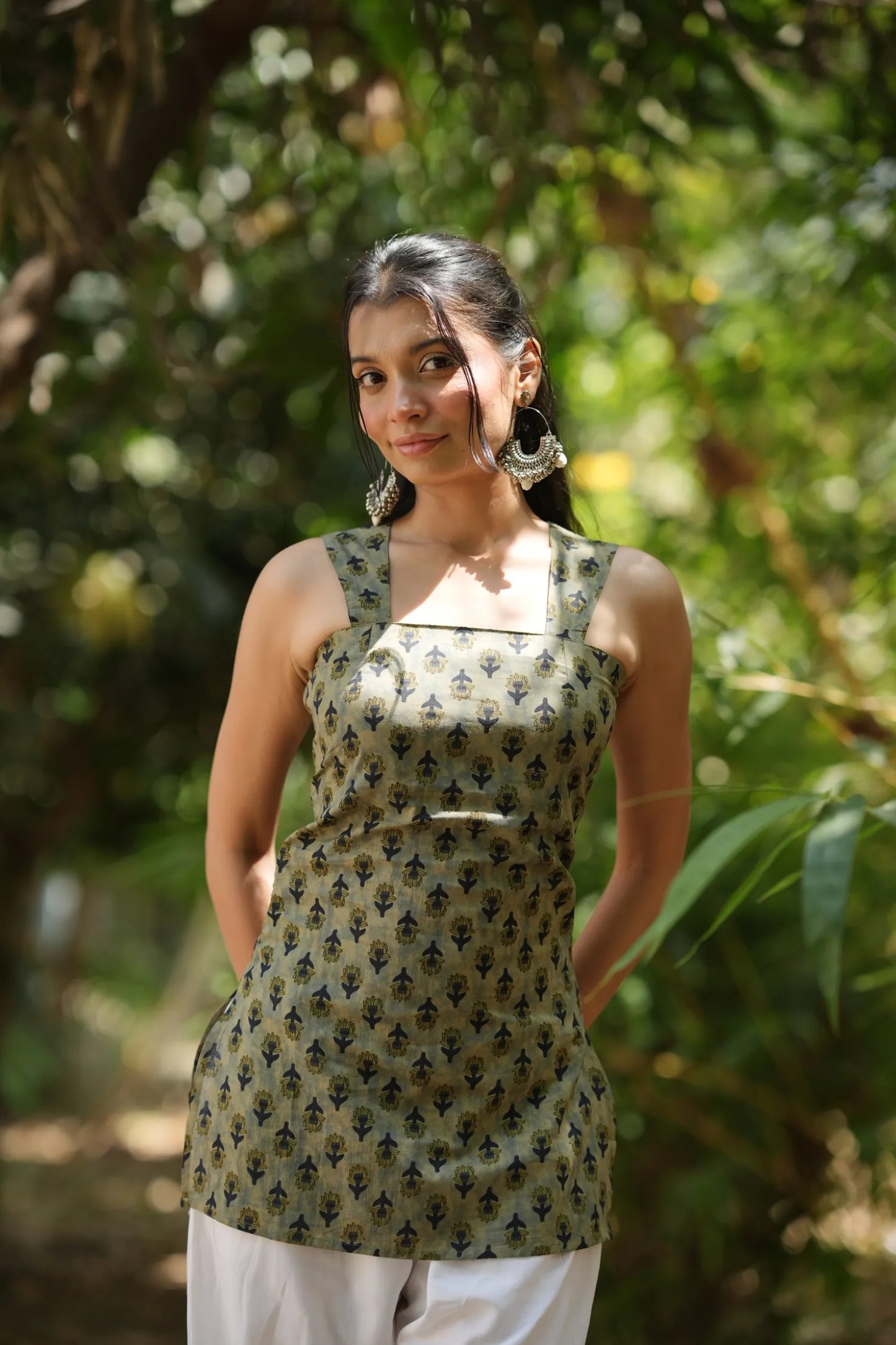Olive Green Buta Sleeveless Corset Kurti