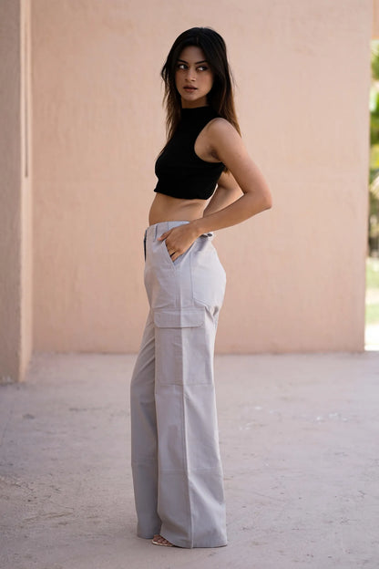 Women’s Wide-Leg Cargo Pants with Back Belt Ice Blue