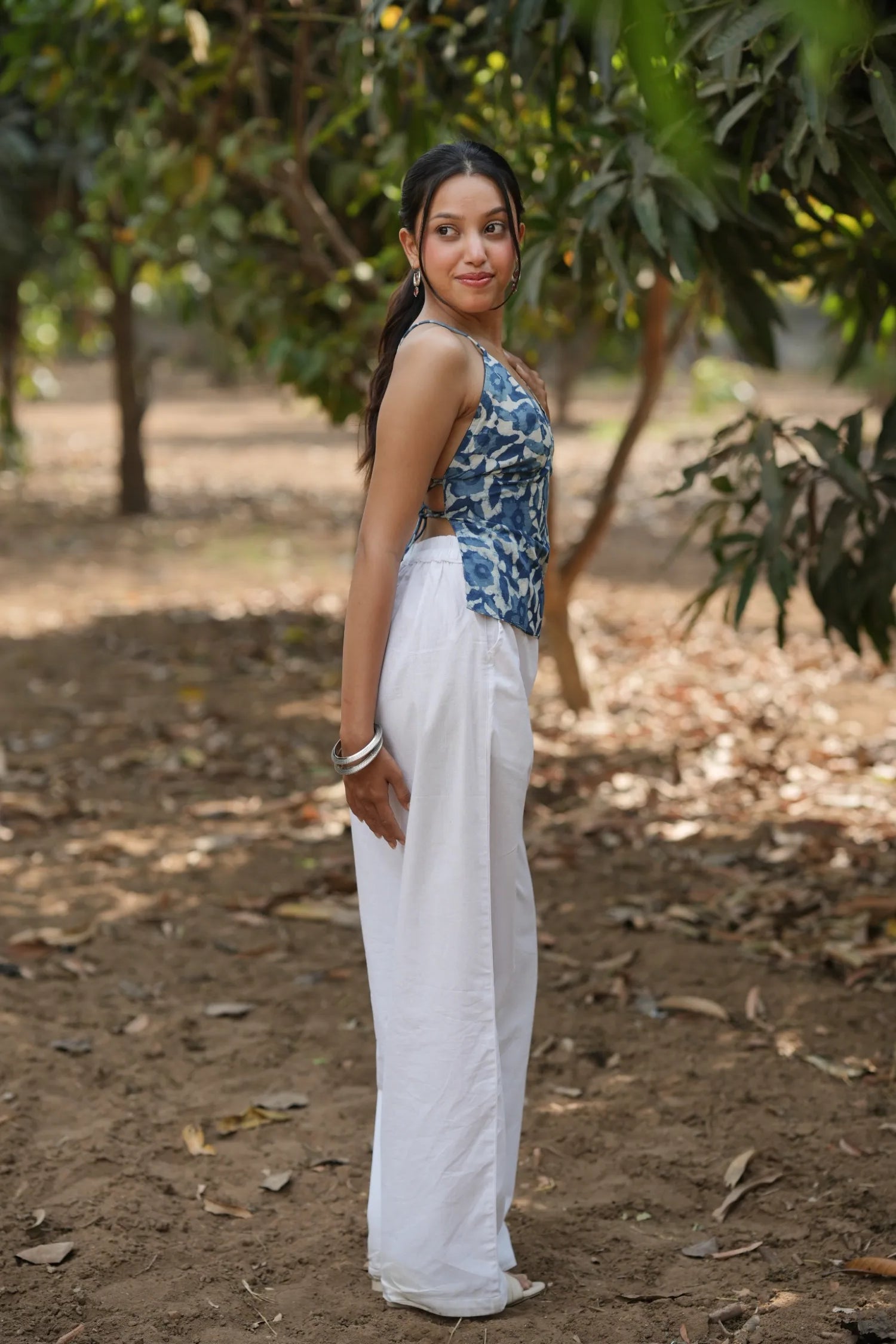 Indigo Floral Tie Back Top